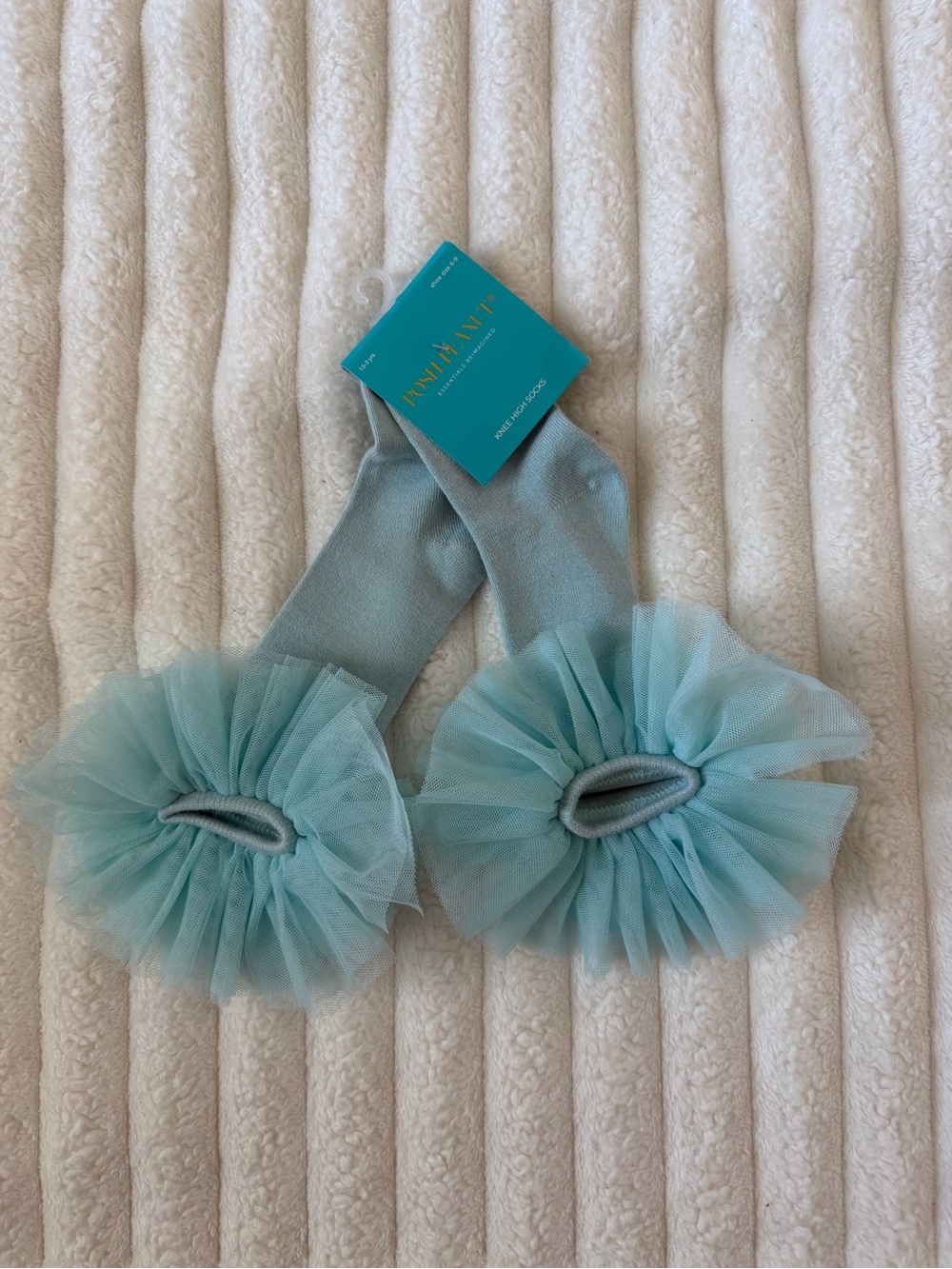 NWT Posh Peanut Girls Aqua Tulle Knee Socks with Ruffle Pom